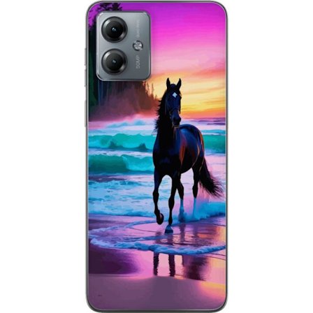 Kompatibelt Mobildeksel til Motorola Moto G14 Svart hest på stranden ved solnedgang med fargerik himmel, drømmeaktig naturillustrasjon for plakater og