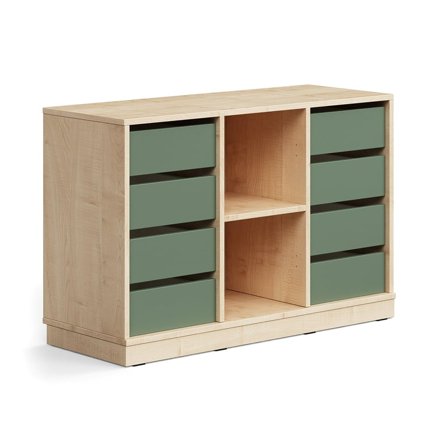 Schüleraufbewahrung CASPER, 8 Schubladen, 2 Fächer, Sockel, Birke/Dunkelgrün