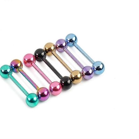 35 stk. europeiske og amerikanske fargebelagte stålkuler, tungepiercinger med rett stang i rustfritt stål, runde kuler i begge ender