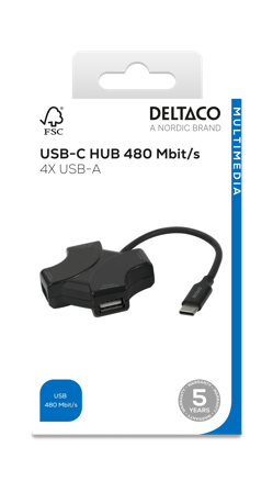 Deltaco USB-C hub, 4x USB-A 480 Mbps, black