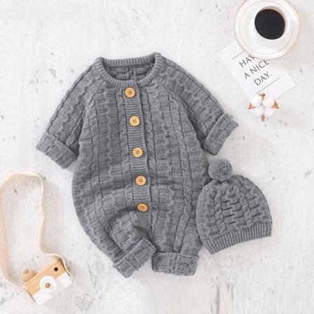 Nyfödd Enfärgad Hatt Och Långärmad Jumpsuit-set Med Besättningen Hals