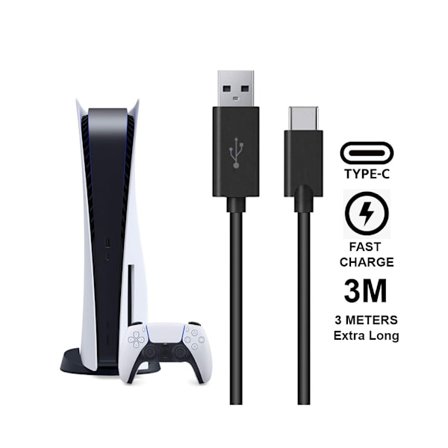 (2 stk.) 3m opladerkabel - til PS5/ Playstation 5 USB-C sort Ekstra Lang - Perfekt