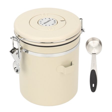 Kaffebeholder 304 Rustfrit Stål Lufttæt Kaffe Bønne Opbevaringsbeholder med Ske Cremet Hvid 1,2L