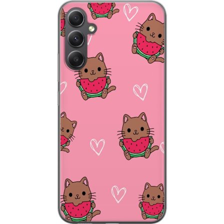 Kompatibelt Mobildeksel til Samsung Galaxy A05s Katt med vannmelon på rosa bakgrunn