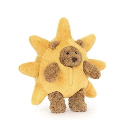 Jellycat Bartholomew teddybjørn, klædt i et sol-tema outfit.