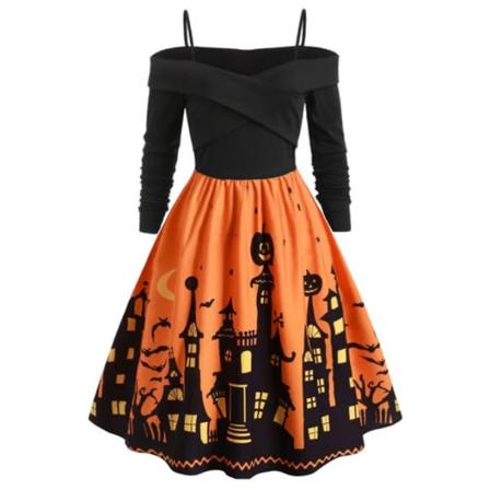 Halloween-mekko painetulla juhlamekolla naisille oranssi M SQBB