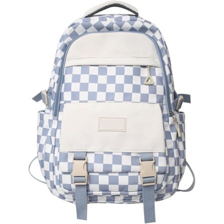 Nylon rygsæk, ternet skoletaske, studentertaske, rejserygsæk med stor kapacitet (Farve: Blå, Størrelse: One size)