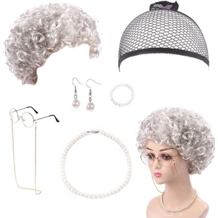 7 deler mormor parykk kostyme sett, mormor briller med perler armbånd, perlekjede, cosplay tilbehør til Mardi Gras Halloween (sølvgrå parykk)