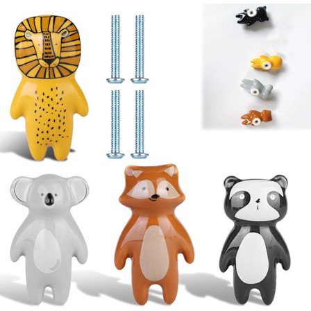 4 stk. Keramiske møbelknotter for barn, dyrehåndtak for skuffer