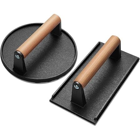 Grillpressesæt til Smashburgere, kraftig støbejernsgrillpresse med ergonomisk træhåndtag og skridsikker rillet bund, giver restaurantkvalitet