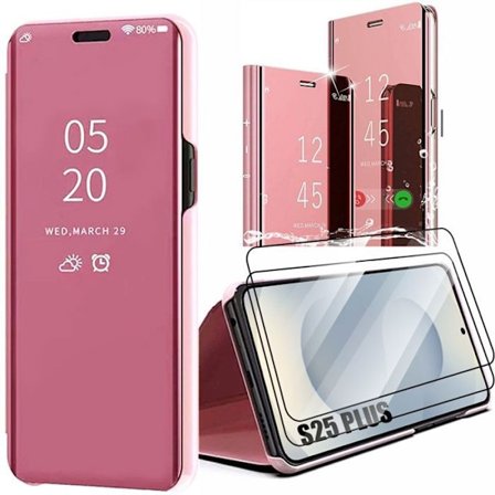 Beskyttelsesskal - BOOLING - til Samsung Galaxy S25 Plus - Hård - Clear View - Pink - med 2 Hærdet Glas