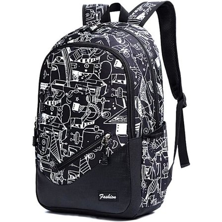 Skole Rygsække til Drenge Mellemskole College Skoletaske kompatibel Teenagere Drenge Piger (Sort Print)