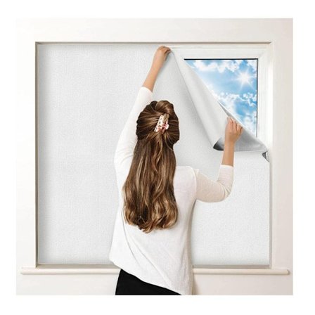 100 % pimennysverho – hopeapinnoitettu Oxford-kangas, suojaa lämmöltä ja UV-säteilyltä, kannettava ja helppo asentaa ilman porausta