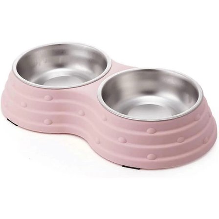 1 stk. Dobbelte Hundeskåle til Mad og Vand, Premium Aftagelige Dobbelte Skåle i Rustfrit Stål Pink Large