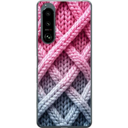 Yhteensopiva Puhelinkuori Sony Xperia 5 III Lähikuva kudotusta tekstiilikuviosta vaaleanpunaisissa, harmaissa ja valkoisissa sävyissä, joissa on tu
