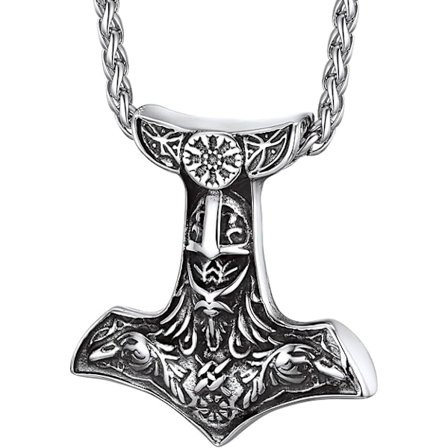 Charm Colgante Martillo Thor Mjolnir Hammer, Hacha Vikingo Nórdico con Cadena Espiga, Acero Inoxidable
