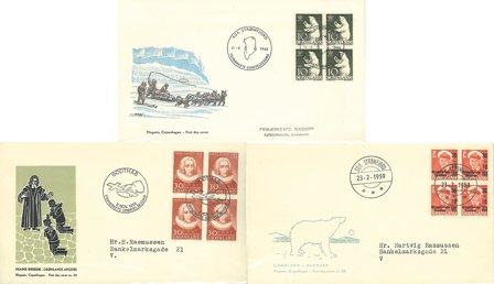 Grønland - Samling af FDC med 4-blok og enkelt frimærker