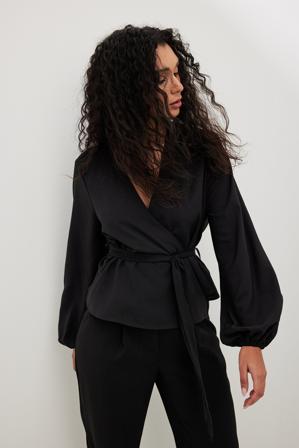 NA-KD Blouse cache-cœur nouée à manches longues - Blouses - Noir - EU 36