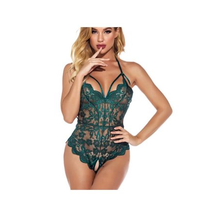 Kvinnors Erotisk Lingerie En Delig Hål Babydoll Spets Jumpsuit Mode Nattkläder Hål Ut Bodysuit Öppen Gren Pyjamas Svart