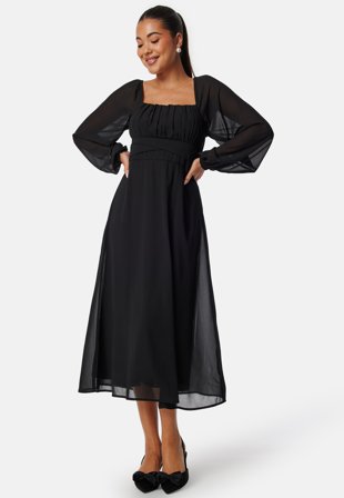 Bubbleroom - Square Neck L/S Midi Georgette Dress - Black - Kläder