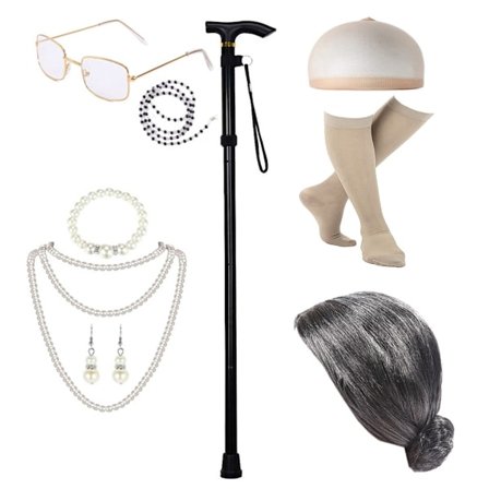 Gammel Dame Kostumesæt til Børn Piger 100 Dage i Skole Bedstemor Kostume Outfit Halloween Udklædning Paryk og Bedstemor Briller