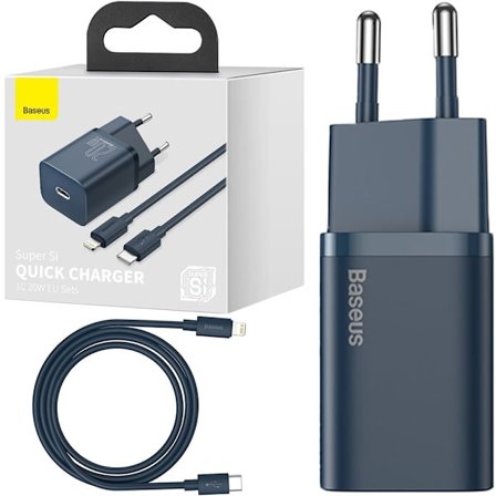 Baseus Super Si 1C rask USB Type C-lader 20W Strømforsyning + USB Type C - Lightning-kabel 1m blå (TZCCSUP-B03)