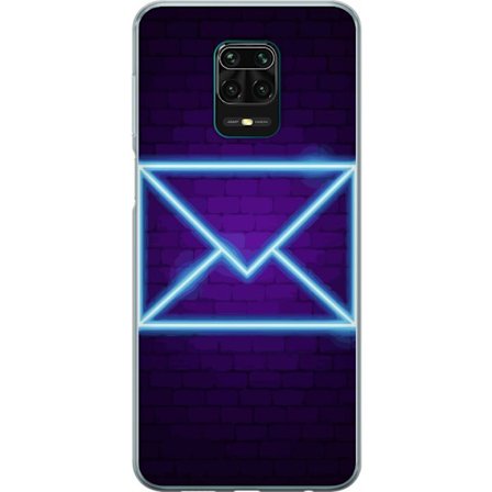 Yhteensopiva Puhelinkuori Xiaomi Xiaomi Redmi Note 9 Pro Neonilta illuustraatio kirjekuoresta sinisessä valossa lila tiiliseinää vasten, nykyaikain