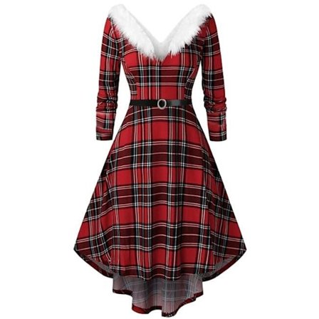 Kvinnors Julpälslappad V-ringad Långärmad Klänning