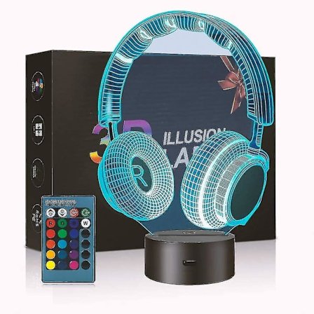 Headset nattlampa, hörlurar 3d optisk illusion skrivbordslampa med 16 färger som ändras, touch switch & fjärrkontroll