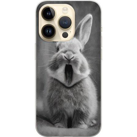 Yhteensopiva Puhelinkuori Apple Apple iPhone 15 Pro Ihastuttava mustavalkoinen kani istuu eteenpäin suunnattuna suu auki ikään kuin haukotellen, lu