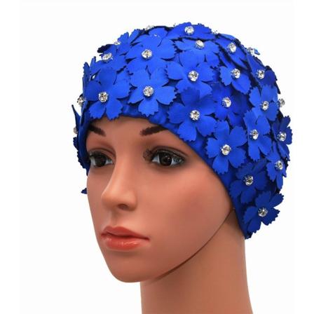 Dame retro-stil blomsterblad Rhinestone manuelle badehætter, blå,