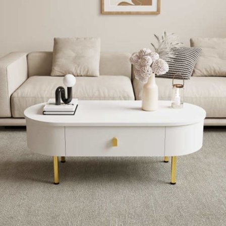 Soffbord med två lådor, gyllene handtag och ben, rundade hörn