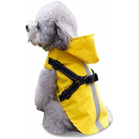 Vanntett hunderegnjakke med sele 100 % vanntett ultralett hettegenser reflekterende pustende vanntett kappe for små mellomstore hunder gul M