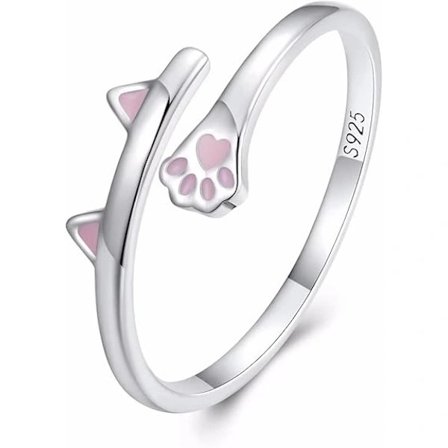 925 Sterling Silver Katt Justerbar Ring Rosa Emalj Öppna Förlovningsringar Djur Stapelbara Ringar