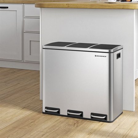 Pedalbøtte med 3 Rom for Kildesortering – Sølv/Svart