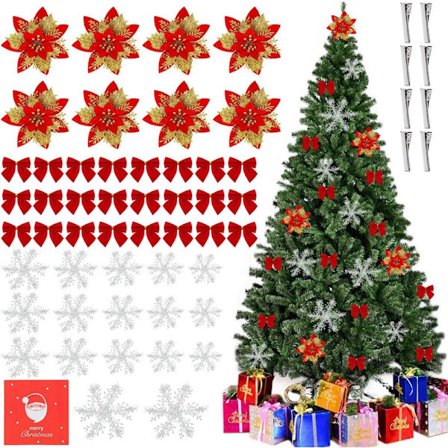 58 bitar julgransprydnader, konstgjorda julblommor