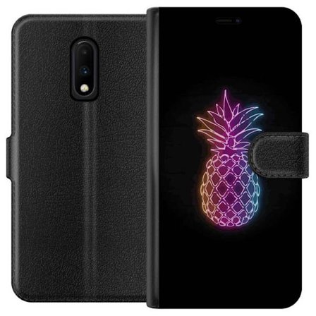 Kompatibelt Plånboksfodral till OnePlus OnePlus 7 Neonillustration av ananas i färgglatt ljus mot svart bakgrund