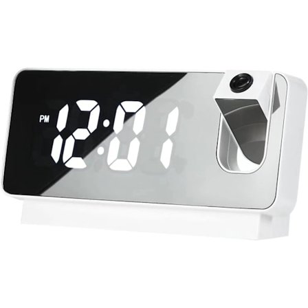 Digital projeksjonsvekkerklokke LED-vekkerklokke med USB-laderport, 12/24H, DST, slumre, speil LED-høy alarmklokke (hvit)