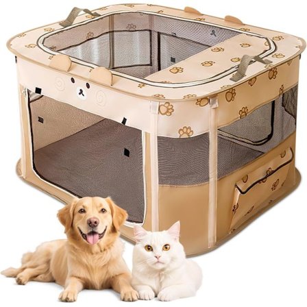 Foldbart Hundelegehus, Bærbart Hvalpekatteindhegning, Åndbart Indendørs/Udendørs Telt med Bæretaske, Ideel til Rejser og Camping (Brun Bjørn, XXL)