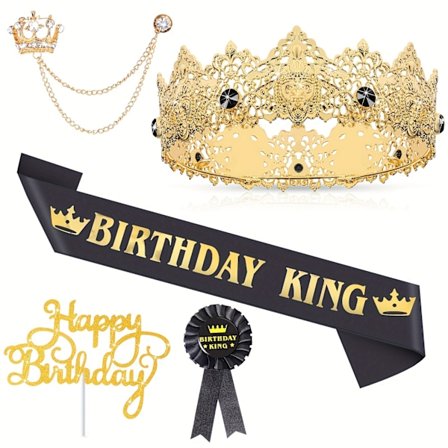 5-delars födelsedagstillbehör inklusive manlig födelsedagskrona, födelsedagskungens skärp, plåtbadge, stift, manlig krona brosch, hängande kedja, 