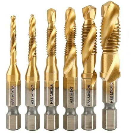 Sett med 6 HSS-bor og gjengesett med titanbelegg,