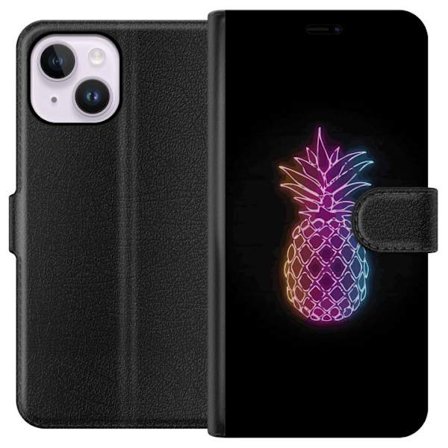 Kompatibelt Lommeboketui til Apple Apple iPhone 15 Plus Neonlysillustrasjon av ananas i fargerikt lys mot svart bakgrunn