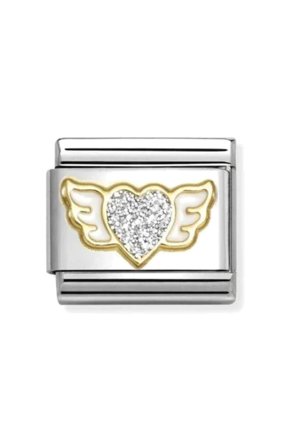Glitter symbols 18k Gold & enamel Silver Heart with white wings