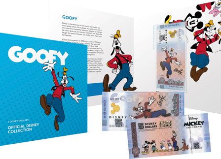 Disney - Fedtmule - Certificeret 5 Disney Dollar souvenir pengeseddel i folder