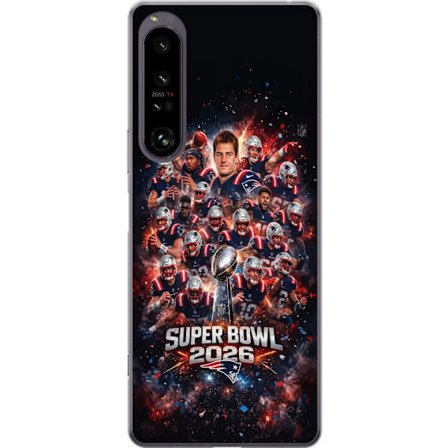 Yhteensopiva Puhelinkuori Sony Xperia 1 IV Super Bowl 2026 juliste, jossa New England Patriots ja NFL-mestaruuspalkinto räjähtävän urheilullisessa suu