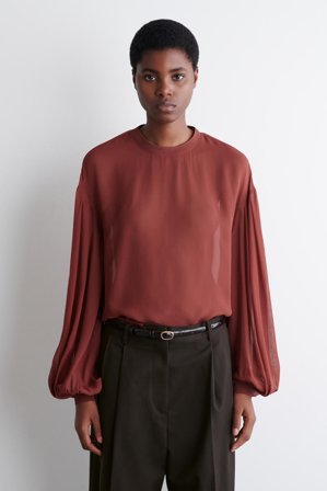 COS Women's Sheer Balloon-Sleeve Blouse in Red