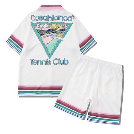 Färgglada Stripe Mountain Stadium Print Casablanca Tennis Club Shorts Skjorta Set Sommar Män Kvinnor Hip Hop Hawaii Beach Suit