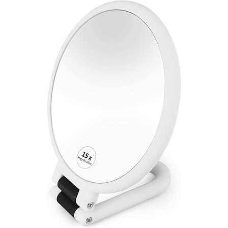 Reiseforstørrende håndspeil, dobbeltsidig 1x 15x små sminke speil med 360° sammenleggbart håndtak, frittstående bærbar skjønnhetsspeil - hvit