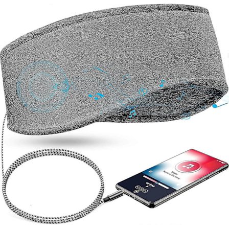 Musikk Sovepannebånd med Hodetelefoner, 3.5mm Kablet Myk Elastisk Reise Pannebånd med Slank Høyttaler, Komfortable Sove Musikk Hodetelefoner (Grå)