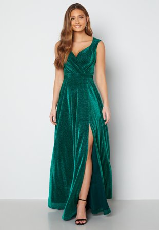 Goddiva - Glitter Wrap Maxi Dress - Emerald - Kläder - - Bubbleroom Omlottklänning